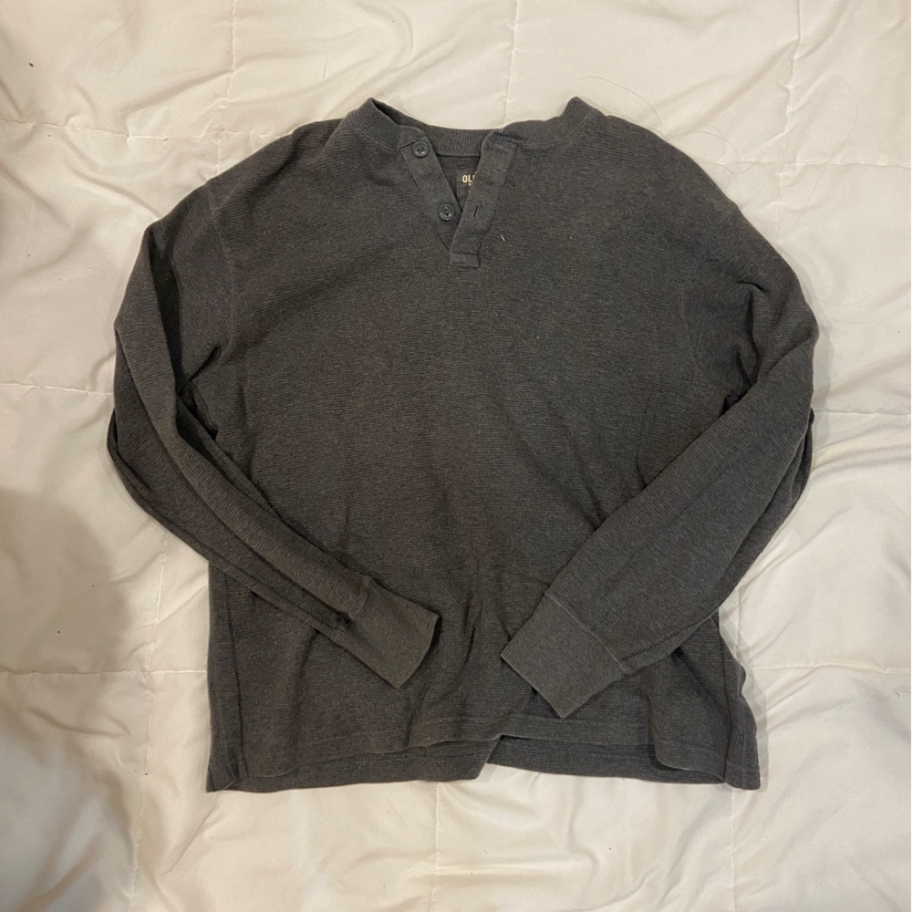 grey pullover sweater with quarter buttons